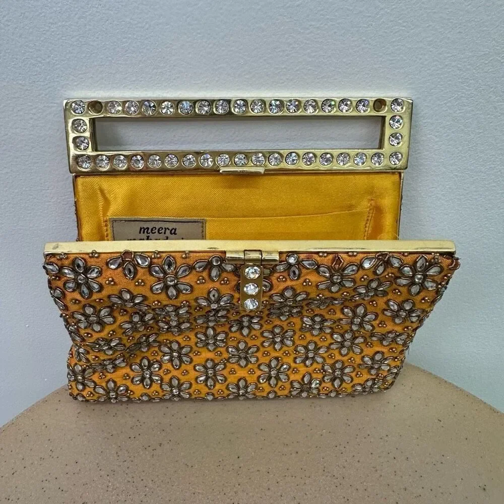 Meera Mahadevia Fully Embellished Satin Marigold Yellow Clutch Purse